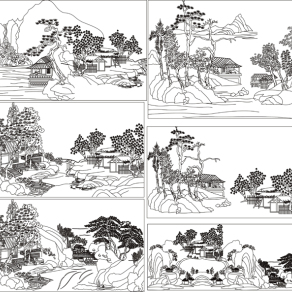 木头雕刻图案大全，中国山水白描画雕花