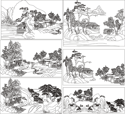 木头雕刻图案大全，中国山水白描画雕花
