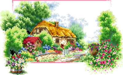 十字绣图案大全，鲜花围绕的家园十字绣