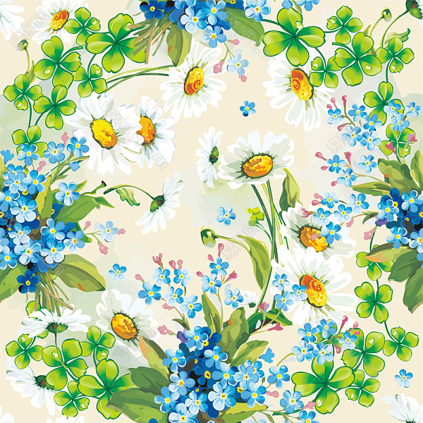 花卉装饰图案，手绘四叶草菊花装饰花纹