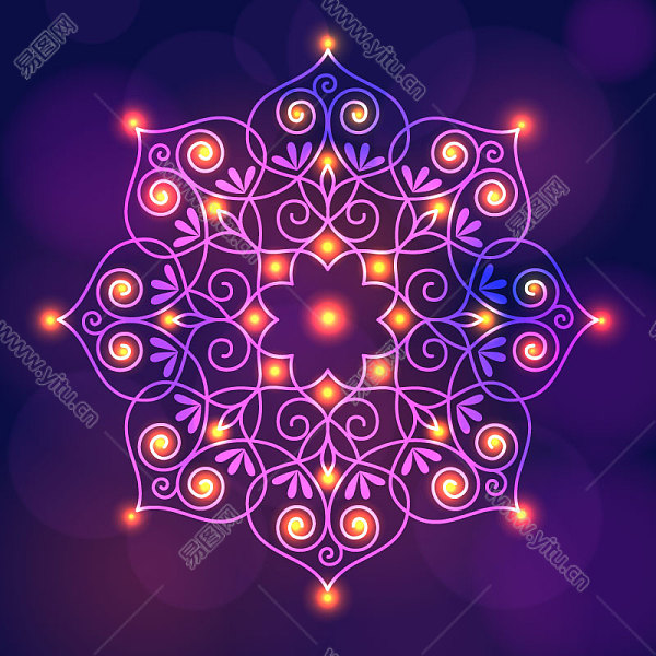 紫色梦幻八角荧光卷曲花纹图案