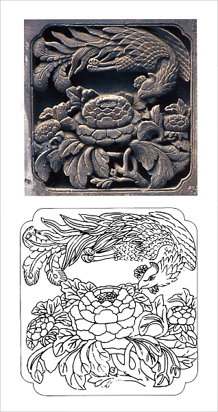 天津杨柳青石家大院门头砖雕凤穿牡丹雕刻图案 