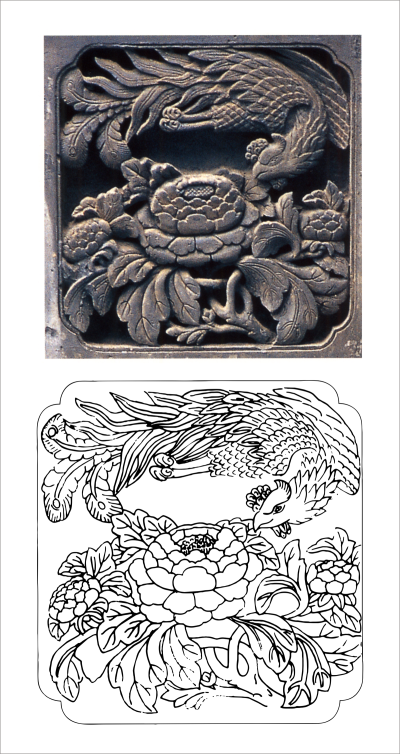 天津杨柳青石家大院门头砖雕凤穿牡丹雕刻图案
