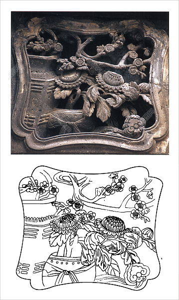 天津杨柳青石家大院砖雕局部刻皱菊雕刻图案 