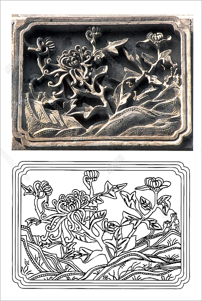 江苏卢氏砖雕菊纹方框雕刻图案 