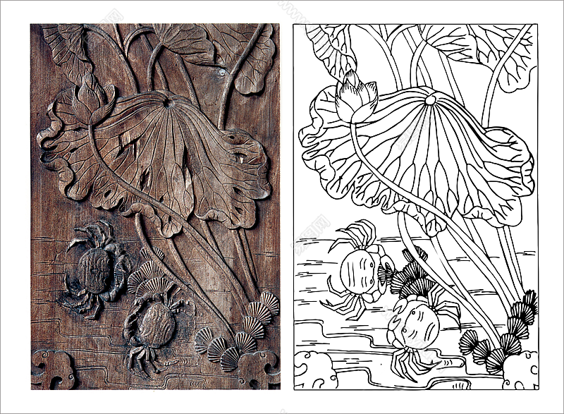安徽木雕荷蟹动物雕刻图案 