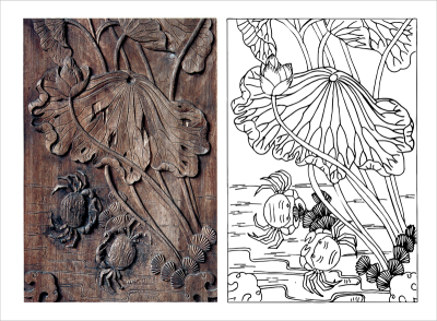 安徽木雕荷蟹动物雕刻图案