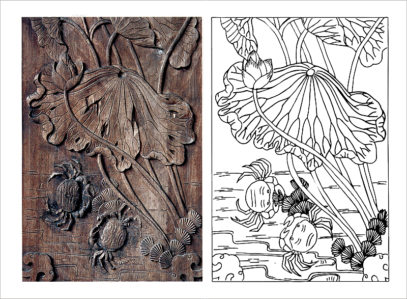 安徽木雕荷蟹动物雕刻图案