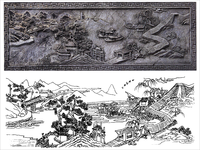 安徽栏板石雕“柳浪闻莺”“花港观鱼”雕刻图案