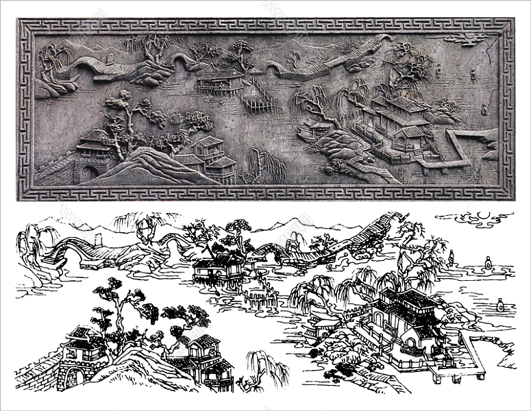 安徽栏板石雕“三潭映月”“苏堤春晓”雕刻图案 