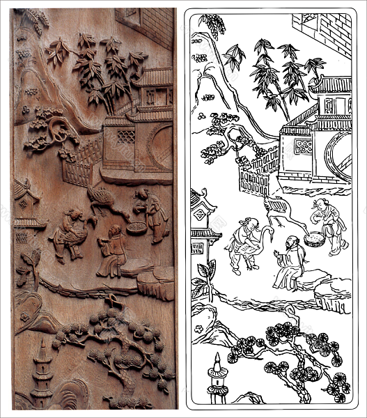 安徽群板木雕“王羲之爱鹅”雕刻图案 