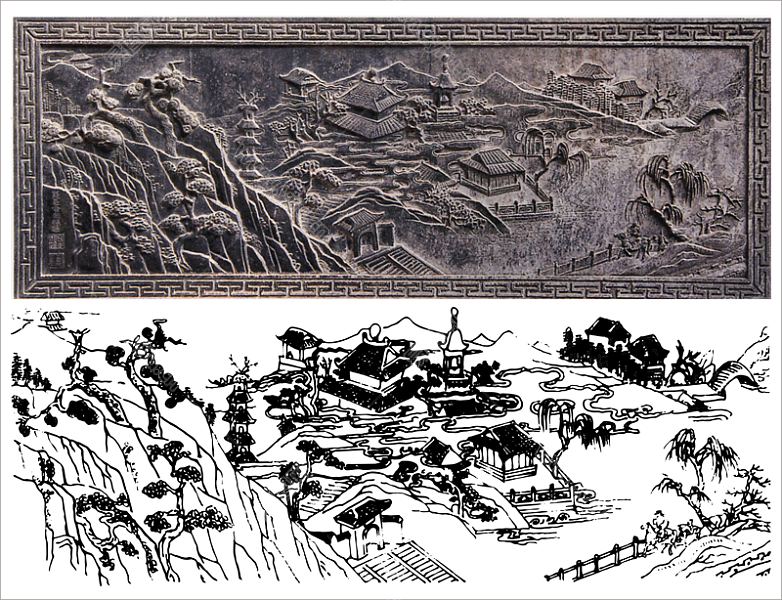 安徽栏板石雕“平湖秋月，双峰插云”雕刻图案