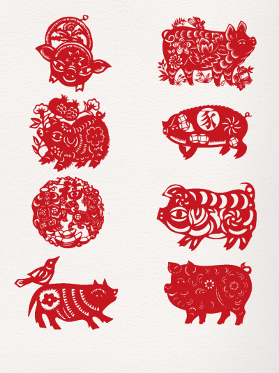 8款中国红动物猪剪纸图案