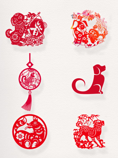 春节红色狗素材剪纸图案
