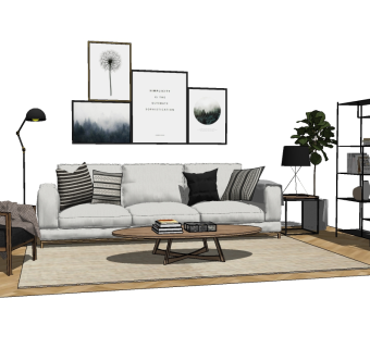 北欧沙发组合免费sketchup模型,现代低奢风格