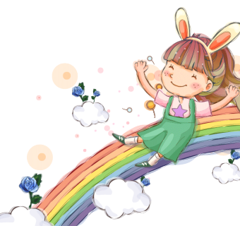 手绘彩色卡通彩虹图片，可爱活泼小女孩玩耍素材