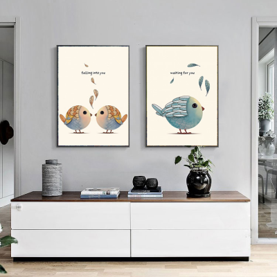 卡通手绘彩色可爱小鸟装饰画，现代北欧风电视背景墙创意装饰画