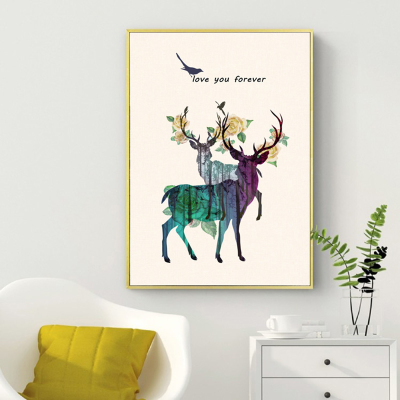 彩色手绘麋鹿花卉装饰画，现代简约走廊过道沙发挂画