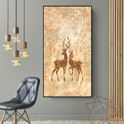 简约客厅过道玄关背景墙创意装饰画，手绘彩绘森林草丛中麋鹿动物装饰画
