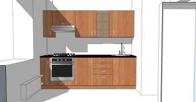 现代橱柜免费草图大师模型，木纹小户型经济型实木橱柜sketchup模型下载