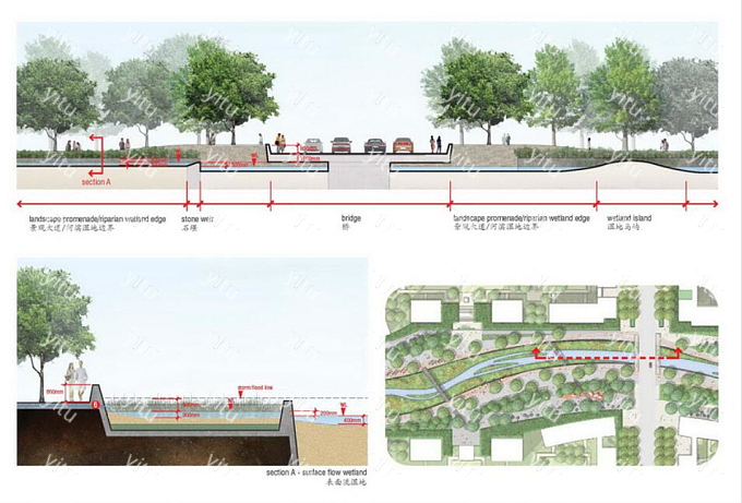 湖中岛滨水休闲景观设计规划方案 剖面图