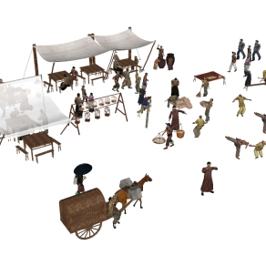 中式古代集市人物马车su模型下载、古代集市人物马车草图大师模型下载