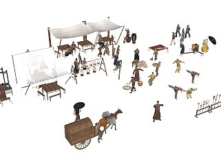 中式古代集市人物马车su模型下载、古代集市人物马车草图大师模型下载