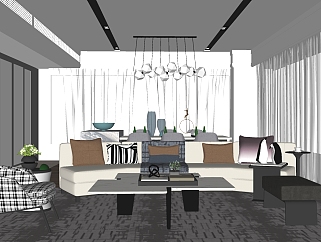 新中式客厅su模型，客厅沙发桌椅茶几组合草图大师模型下载