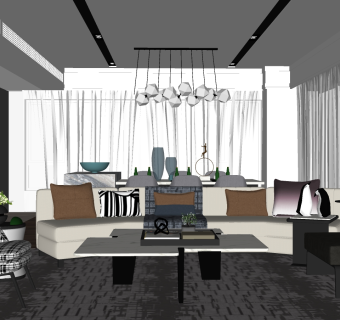 新中式客厅su模型，客厅沙发桌椅茶几组合草图大师模型下载