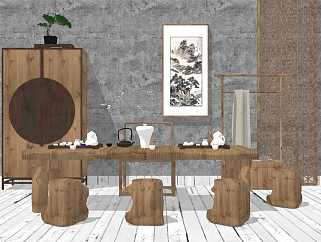 新中式茶桌椅边柜组合su模型，简约 茶几sketchup模型...