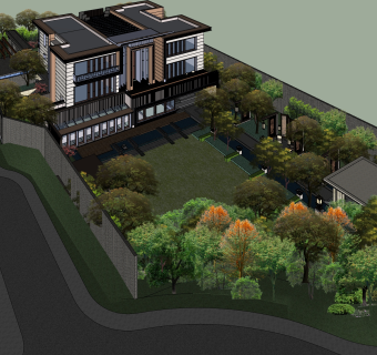现代度假中式别墅草图大师模型，别墅sketchup模型