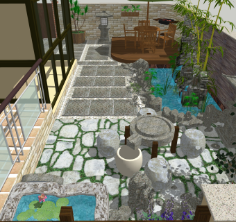 日式庭院建筑SU模型，庭院建筑SKB文件下载