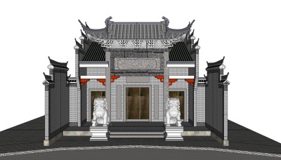 中式古建祠堂免费su模型下载、古建祠堂草图大师模型下载