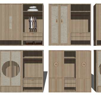 新中式实木衣柜组合su模型，衣柜草图大师模型下载