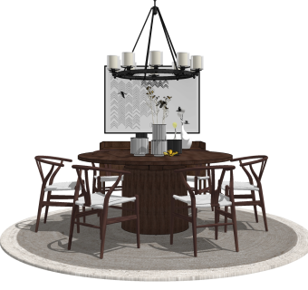 中式别墅餐厅su模型，餐厅餐桌椅草图大师模型下载