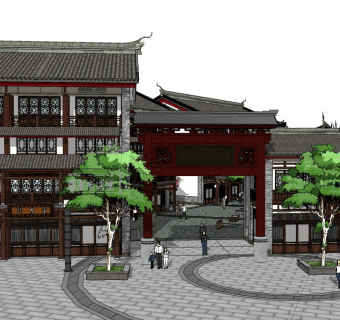中式商业街建筑草图大师模型，古建民俗sketchup模型免费下载