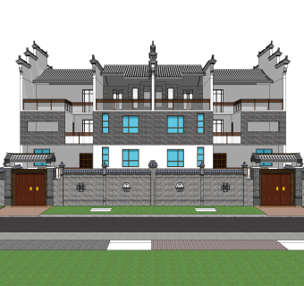 中式联排别墅su模型，别墅草图大师模型下载