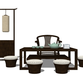   现代 简约 中式茶室草图大师模型，茶室sketchup模型下载