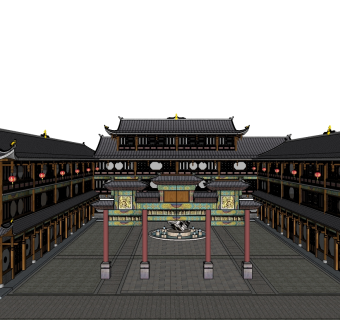 中式古建筑群草图大师模型下载、古建筑群su模型下载