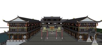 中式古建筑群草图大师模型下载、古建筑群su模型下载