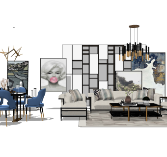 现代多人沙发组合草图大师模型，沙发skp模型下载