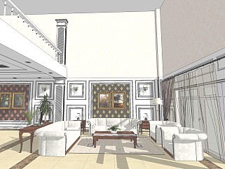 欧式复式客厅su模型，客厅草图大师下载