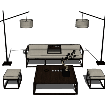 新中式多人沙发草图大师模型，多人沙发sketchup模型下载