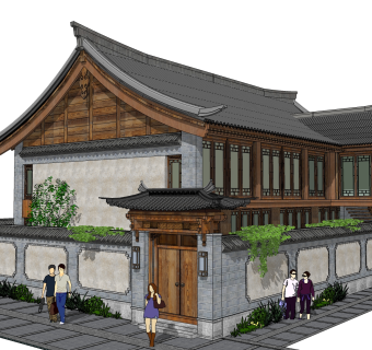 中式别墅建筑草图大师模型，古建民俗sketchup模型免费下载