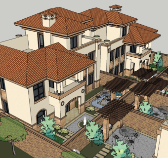 欧式连排别墅su模型免费下载，sketchup别墅草图大师模型