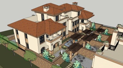 欧式连排别墅su模型免费下载，sketchup别墅草图大师模型