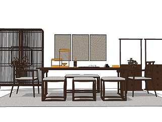 <em>中式</em>茶桌椅组合su模型，简约茶桌sketchup模型下载