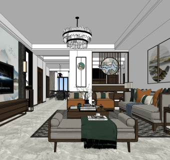 新中式客厅su模型，客厅sketchup模型下载