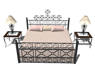 现代铁艺双人床床头柜草图大师模型，sketchup模型免费下载