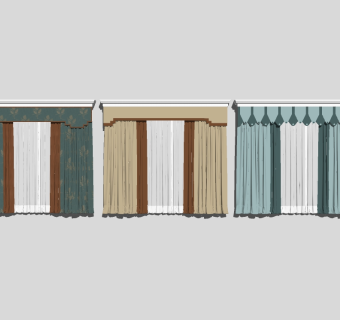 新中式掀帘式布艺窗帘组合草图大师模型，掀帘式布艺窗帘组合sketchup模型下载